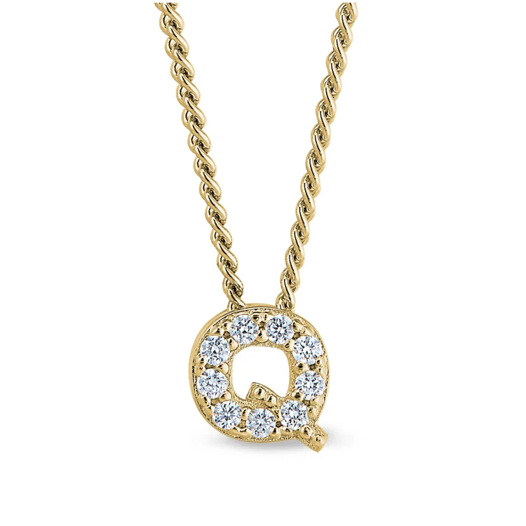 Gold Finish Sterling Silver Micropave Q Initial Pendant with Simulated Diamonds on 18" Curb Chain