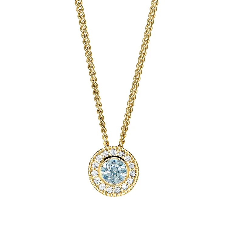 Gold Micropave Round Simulated Aquamarine Birth Gem Pendant with Simulated Diamonds on 18" Curb Chain