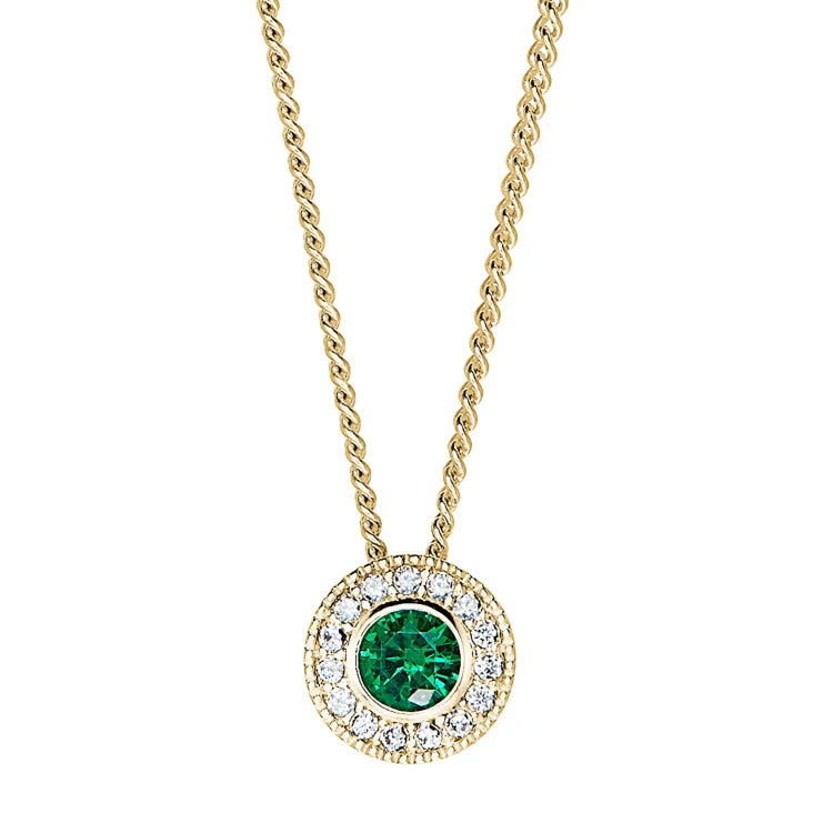 Gold Micropave Round Simulated Emerald Birth Gem Pendant with Simulated Diamonds on 18" Curb Chain