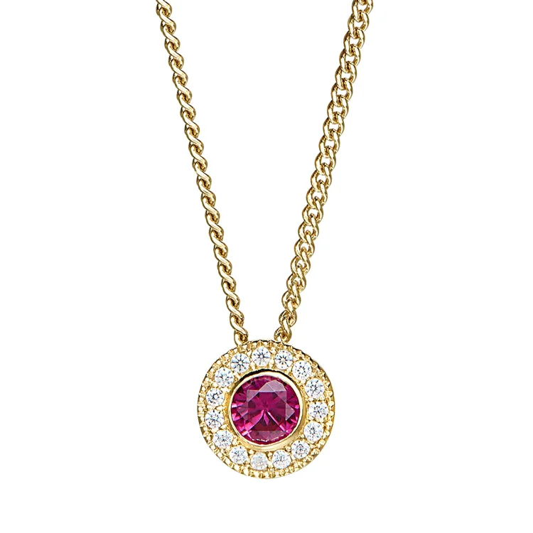 Gold Micropave Round Simulated Ruby Birth Gem Pendant with Simulated Diamonds on 18" Curb Chain