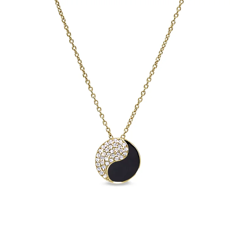 Gold Vermeil Sterling Silver Micropave Black Enamel Yin Yang Pendant with Simulated Diamonds