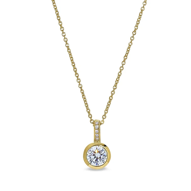 Gold Vermeil Sterling Silver Micropave Drop Bezel Pendant with Simulated Diamonds on 16" - 18 "Adjustable Cable Chain