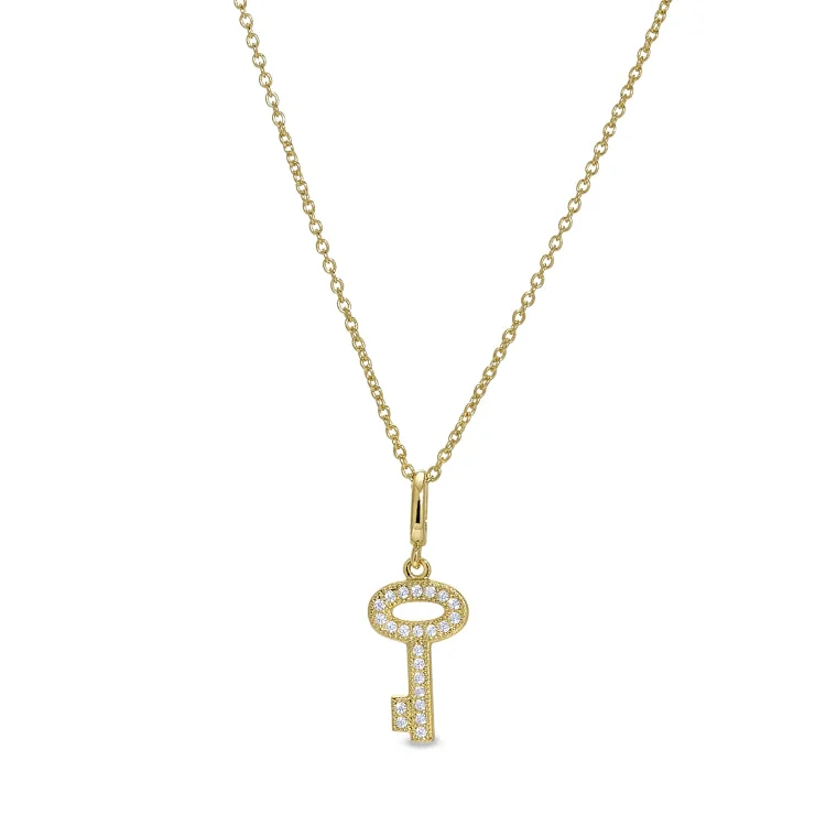 Gold Vermeil Sterling Silver Micropave Key Pendant with Simulated Diamonds on 16" - 18" Adjustable Chain