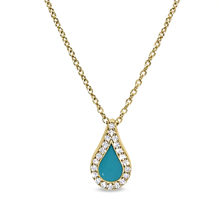 Gold Vermeil Sterling Silver Micropave Turquoise Enamel Teardrop Pendant with Simulated Diamonds on 16" -18" Cable Chain