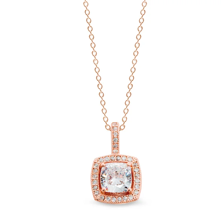 Rose Gold Finish Sterling Silver Micropave Cushion Cut Pendant with 30 Simulated Diamonds on 18" Cable Chain