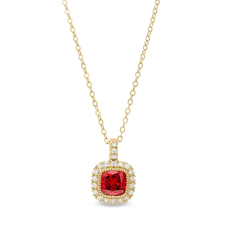 Gold Finish Sterling Silver Micropave Simulated Garnet Pendant with Simulated Diamonds on 18" Cable Chain