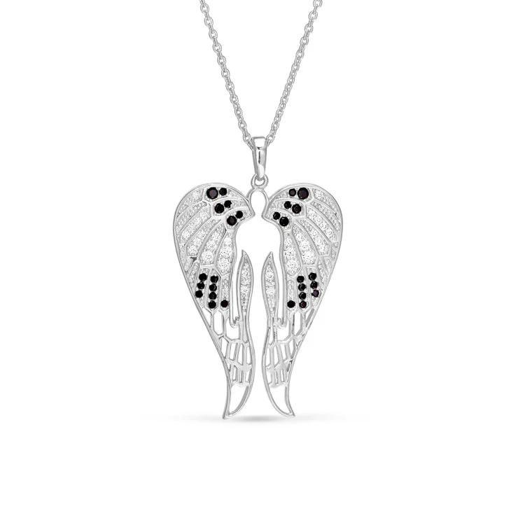 Platinum Finish Sterling Silver Micropave Angel Wings Pendant with Simmulated Diamonds on 16" - 18" Adjustable Chain