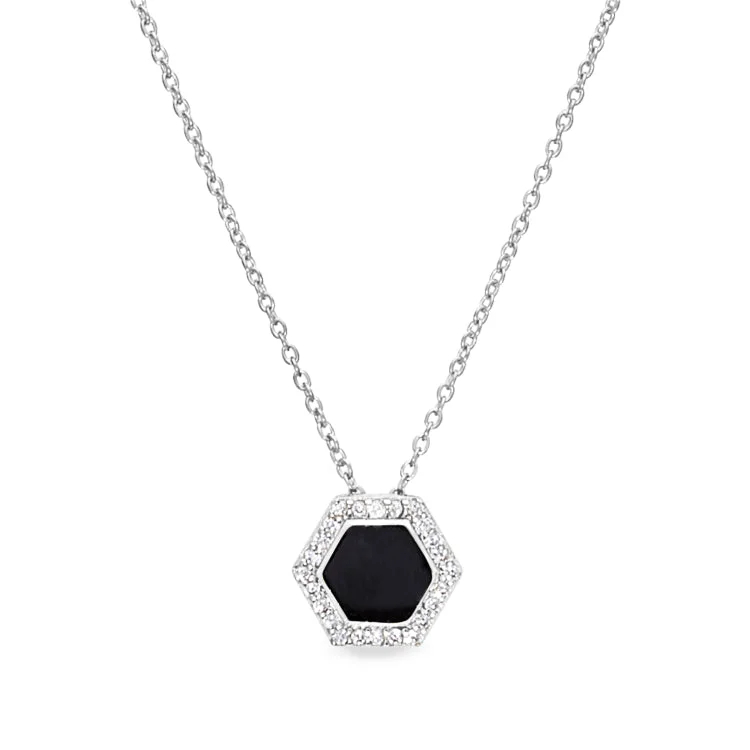 Platinum Finish Sterling Silver Micropave Black Enamel Hexagon Pendant with Simulated Diamonds on 16" -18" Cable Chain