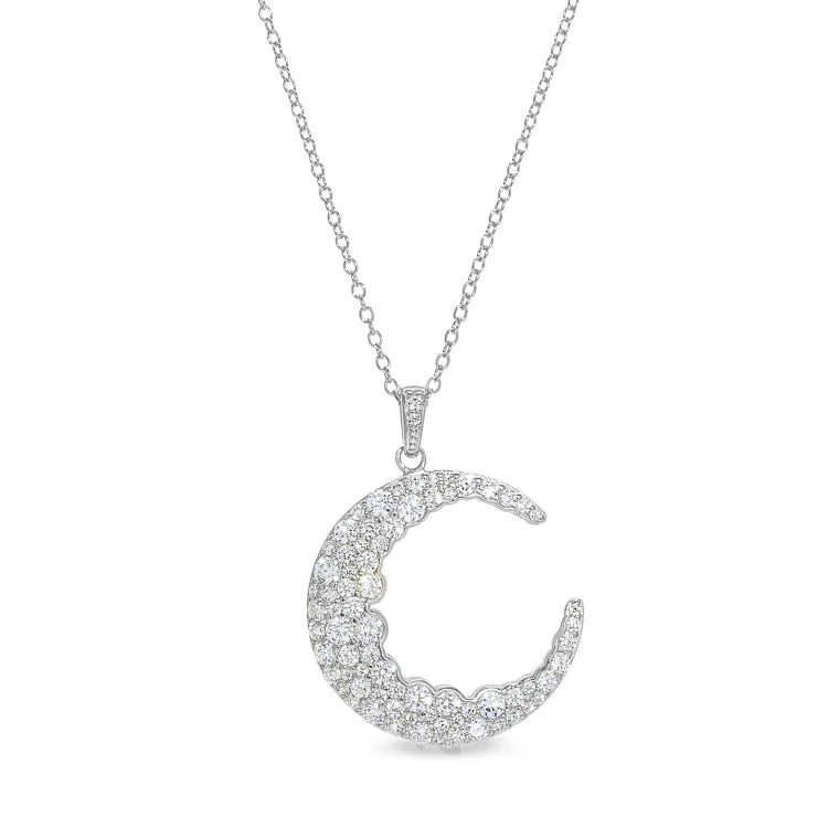 Platinum Finish Sterling Silver Micropave Crescent Moon Pendant with Simulated Diamonds on 18" Cable Chain