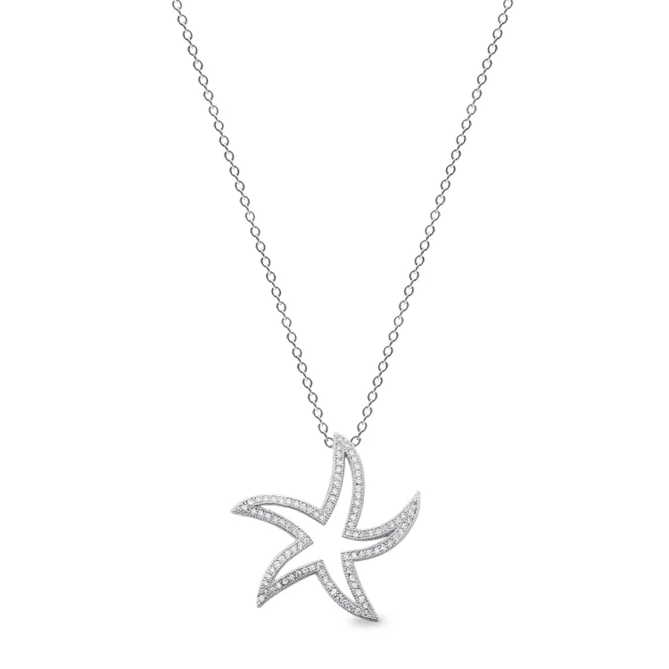 Platinum Finish Sterling Silver Micropave Starfish Pendant with 100 Hand Set Simulated Diamonds on 18" Cable Chain