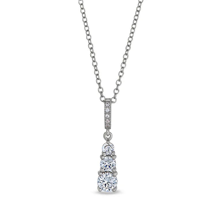 Platinum Finish Sterling Silver Micropave Three Stone Drop Pendant with Simulated Diamonds 0n 18" Chain