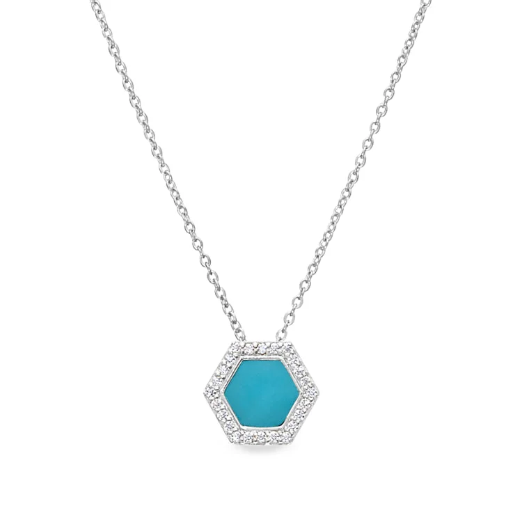 Platinum Finish Sterling Silver Micropave Turquoise Enamel Hexagon Pendant with Simulated Diamonds on 16" -18" Cable Chain