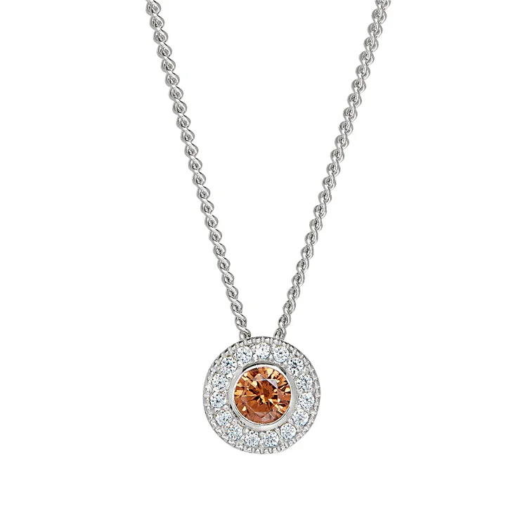 Platinum Finish Sterling Silver Round Simulated Citrine Birth Gem Pendant with Simulated Diamonds on 18" Curb Chain