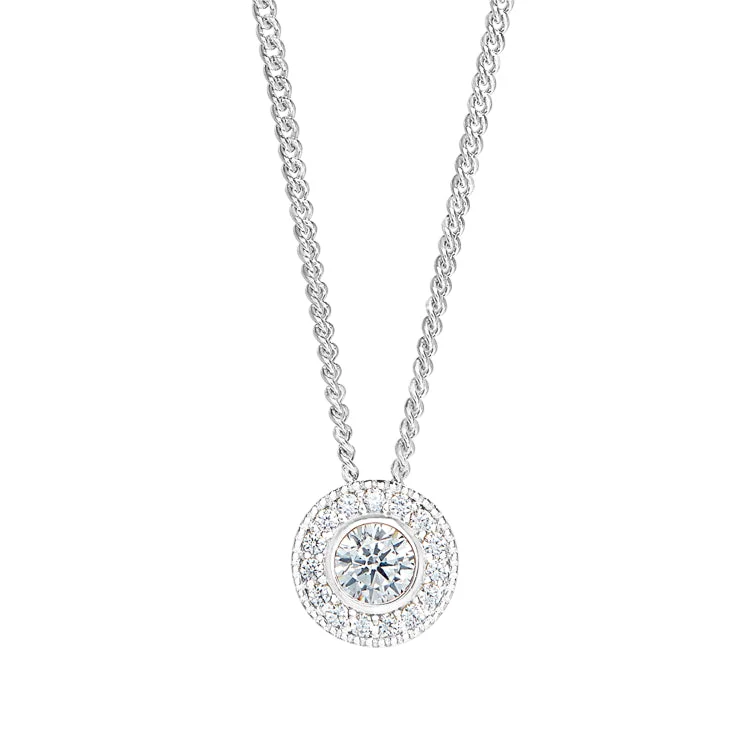 Platinum Finish Sterling Silver Round Simulated Diamond Birth Gem Pendant with Simulated Diamonds on 18" Curb Chain