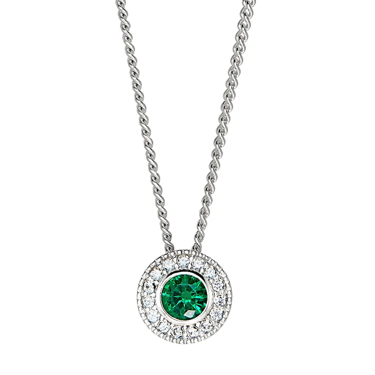 Platinum Finish Sterling Silver Round Simulated Emerald Birth Gem Pendant with Simulated Diamonds on 18" Curb Chain