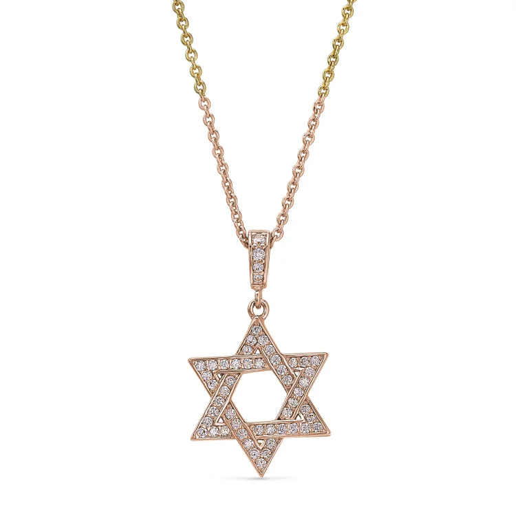 Rose Gold Finish Sterling Silver Micropave Star of David Pendant with Simmulated Diamonds on 16" - 18" Adjustable Chain