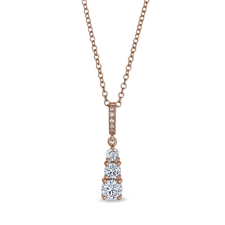 Rose Gold Finish Sterling Silver Micropave Three Stone Drop Pendant with Simulated Diamonds 0n 18" Chain