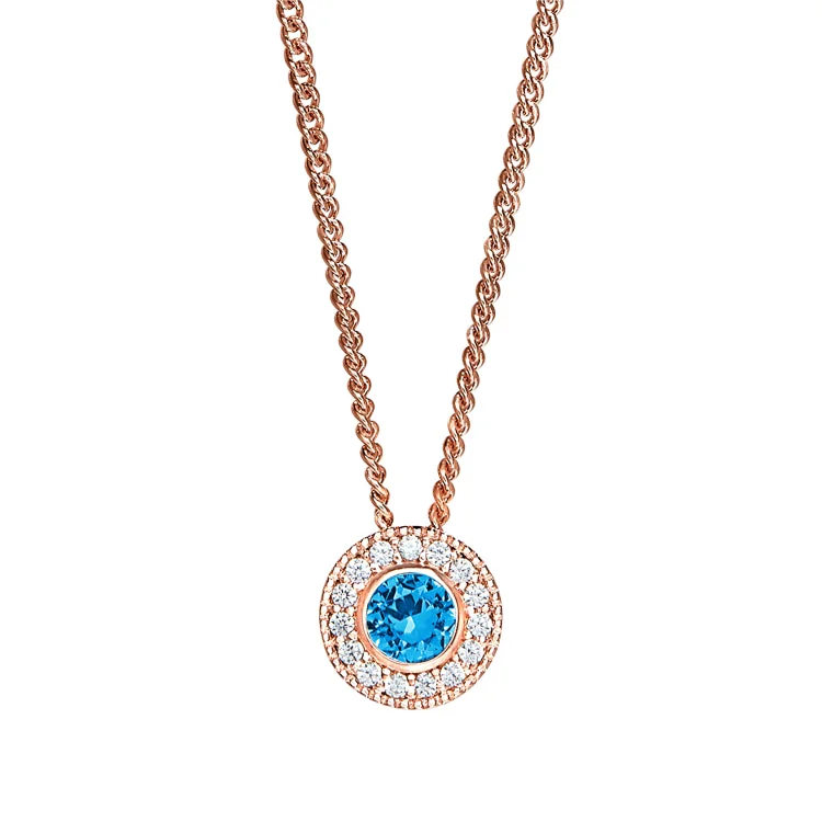 Rose Gold Micropave Round Simulated Blue Topaz Birth Gem Pendant with Simulated Diamonds on 18" Curb Chain