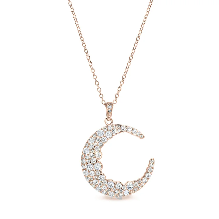 Rose Gold Vermeil Sterling Silver Micropave Crescent Moon Pendant with Simulated Diamonds on 18" Cable Chain