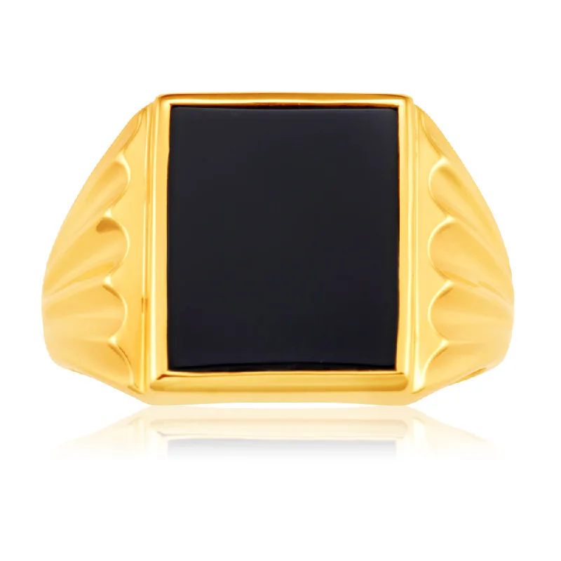 9ct Yellow Gold Onyx 14x12mm Gents Ring