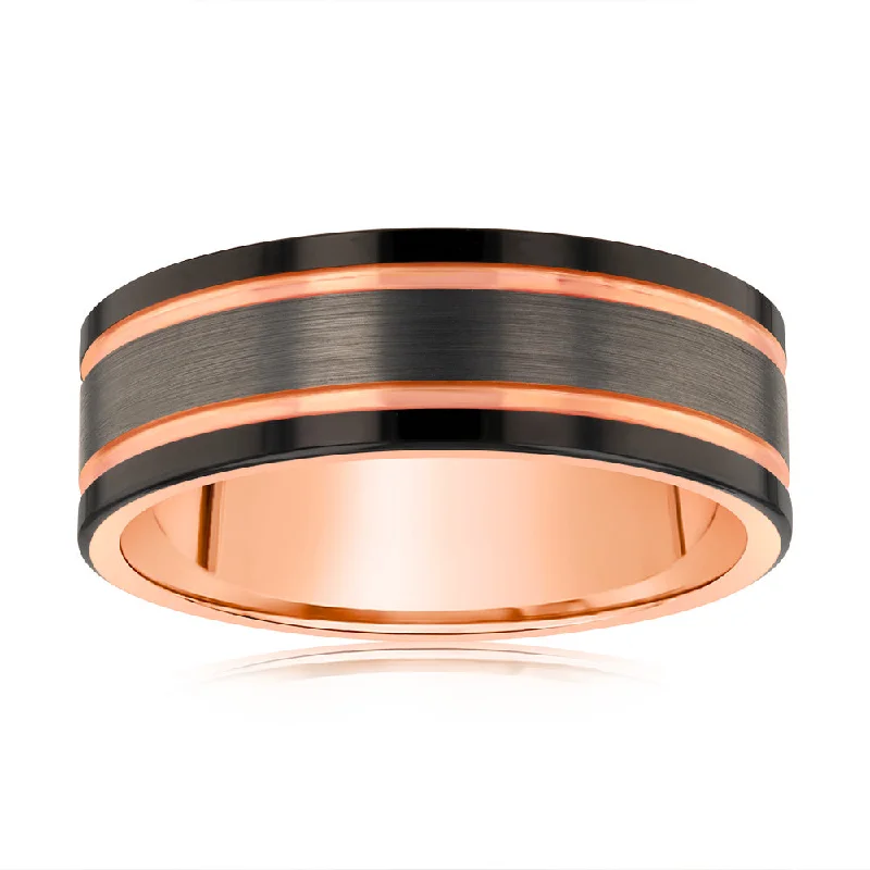 Grey And Black Strips 8mm Wide Rose Gold Tungsten Ring