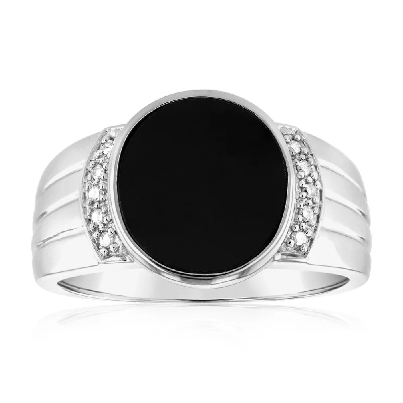 Sterling Silver 1.5Carat Agate & Small Diamond Gents Ring