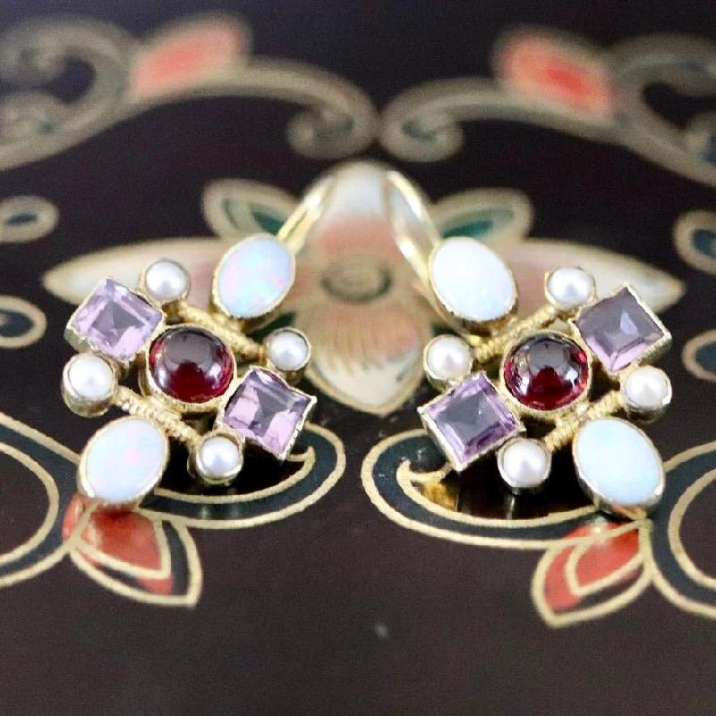 Cellini Cross 14k Gold, Garnet, Amethyst, Opal and Pearl Earrings