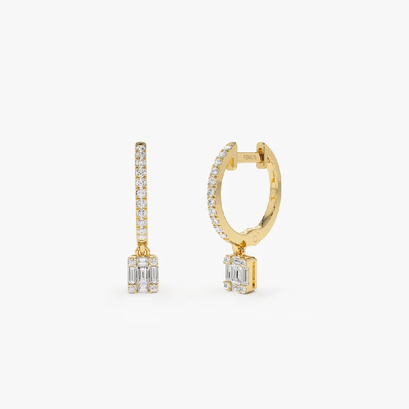 14k Diamond Huggie Earrings with Dangling Illusion Set Baguette Diamonds