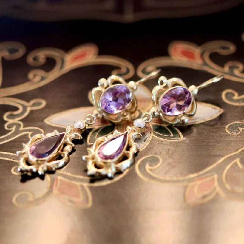 Lady Shalott 14k Gold, Amethyst and Pearl Earrings