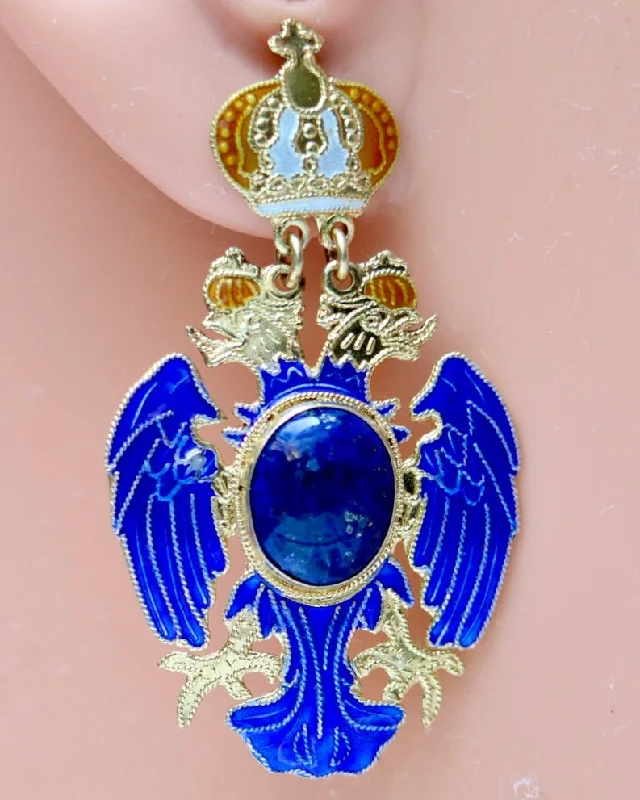 Vintage Shashi Russian Eagle Enamel Lapis Earrings