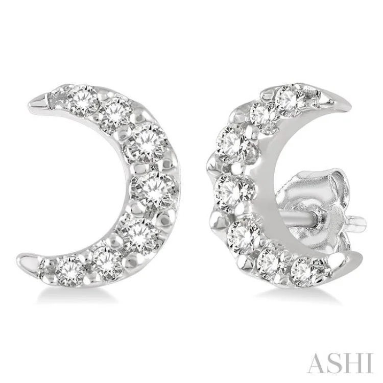 1/10 ctw Crescent Moon Round Cut Diamond Petite Fashion Stud Earring in 10K White Gold