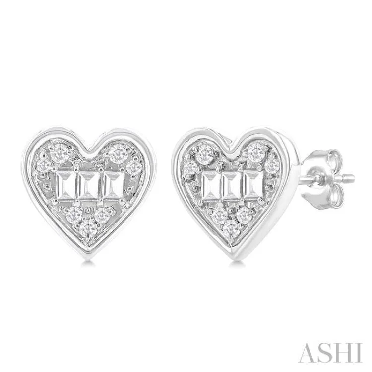 1/5 Ctw Petite Bezel Set Heart Shape Fusion Baguette and Round Cut Diamond Fashion Stud Earring in 10K White Gold