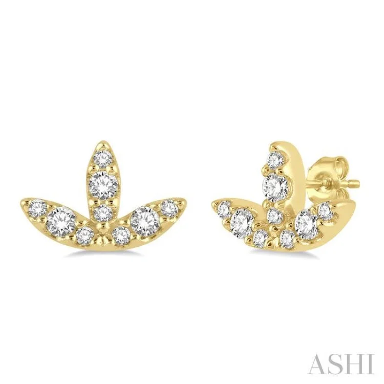 1/10 ctw Tri Leaf Round Cut Diamond Petite Stud Earring in 10K Yellow Gold