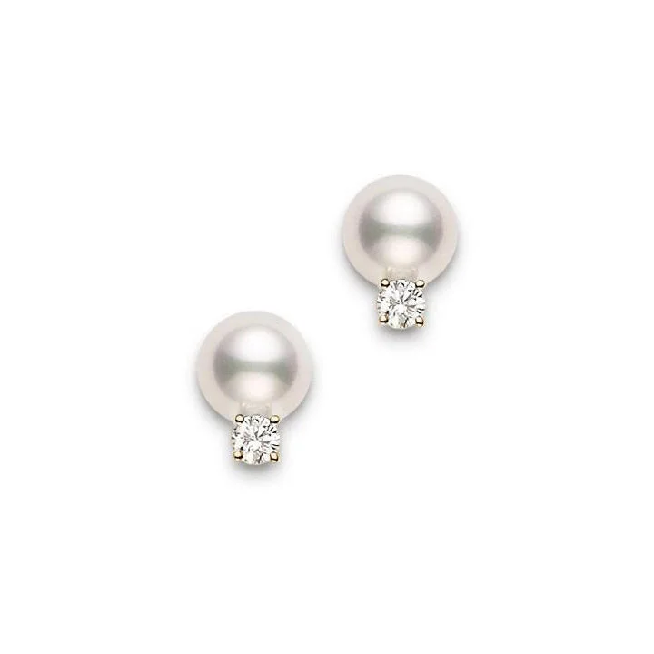 Mikimoto 6mm Akoya Pearl and Diamond Yellow Gold Stud Earrings