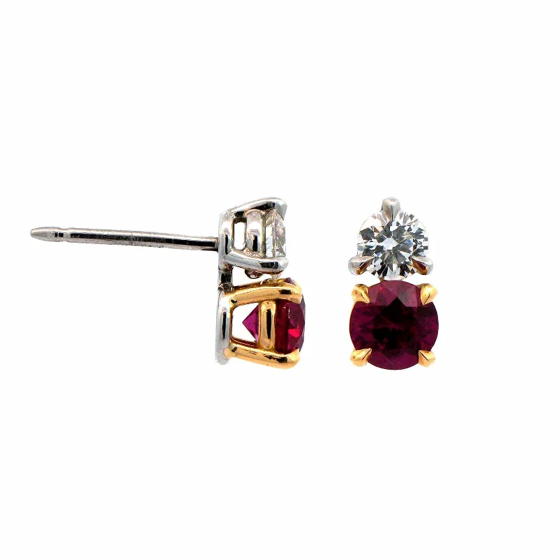 18K Yellow Gold Ruby and Diamond Stud Earrings