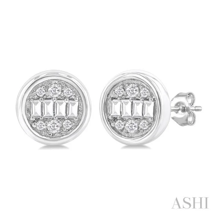 1/5 Ctw Petite Bezel Set Round Shape Fusion Baguette and Round Cut Diamond Fashion Stud Earring in 10K White Gold