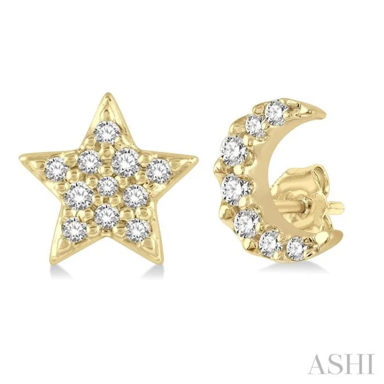 1/10 ctw Star & Crescent Mix Round Cut Diamond Petite Fashion Stud Earring in 10K Yellow Gold