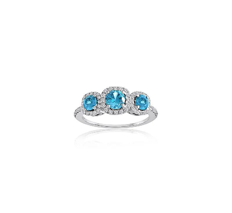 Sabel Collection 14K White Gold Round Aquamarine and Diamond Three-Stone Ring